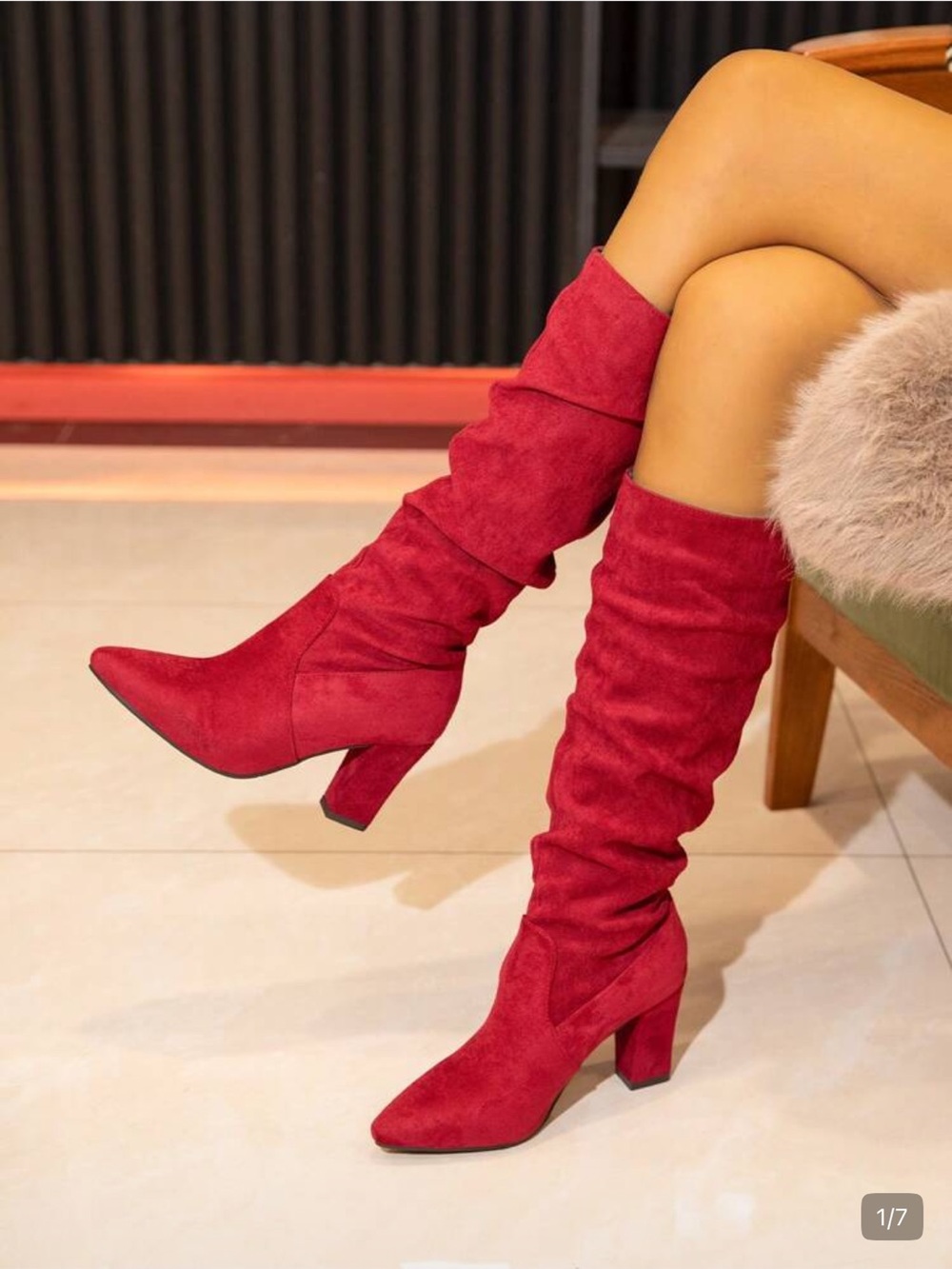 SHEIN Red Suede Slouch Knee-High Block Heel Boots
